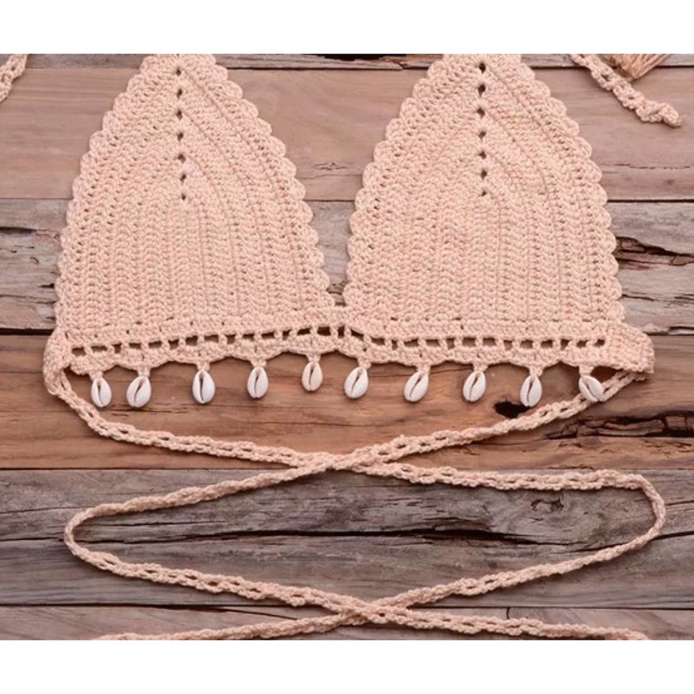 Apricot SEXY Seashell Crochet Wrap Around Waist & Neck Tie TOP ONLY NEW!🐚 - Picture 2 of 13